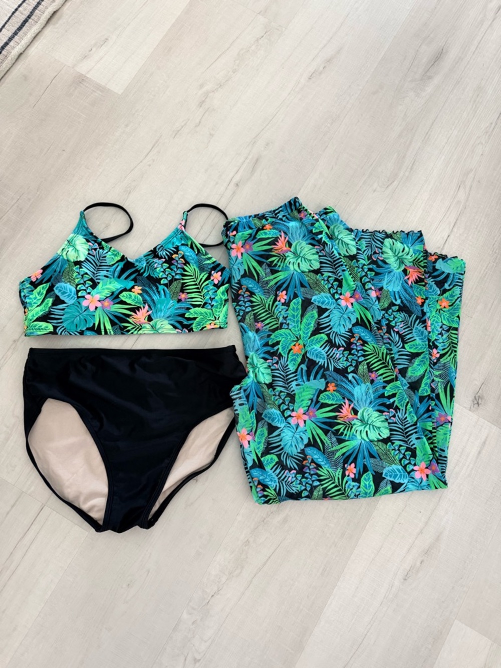 Girls Tropical Leaf Print Swim Set with Black Bottom and coverup pants